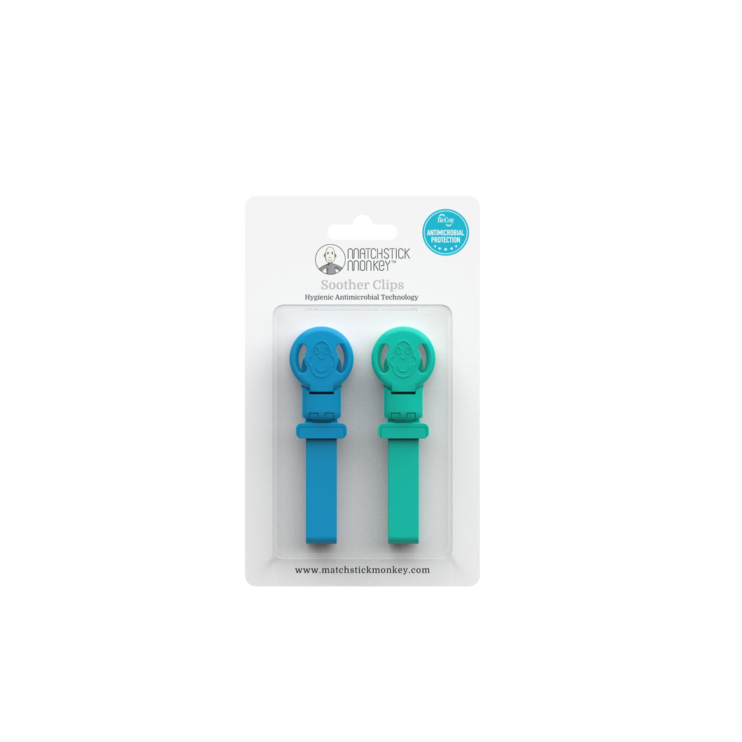 Matchstick Monkey Blue and Green Double Soother Clips