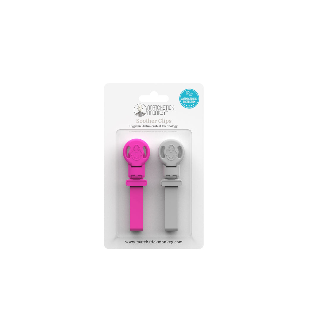 Matchstick Monkey Pink and Cool Grey Double Soother Clips
